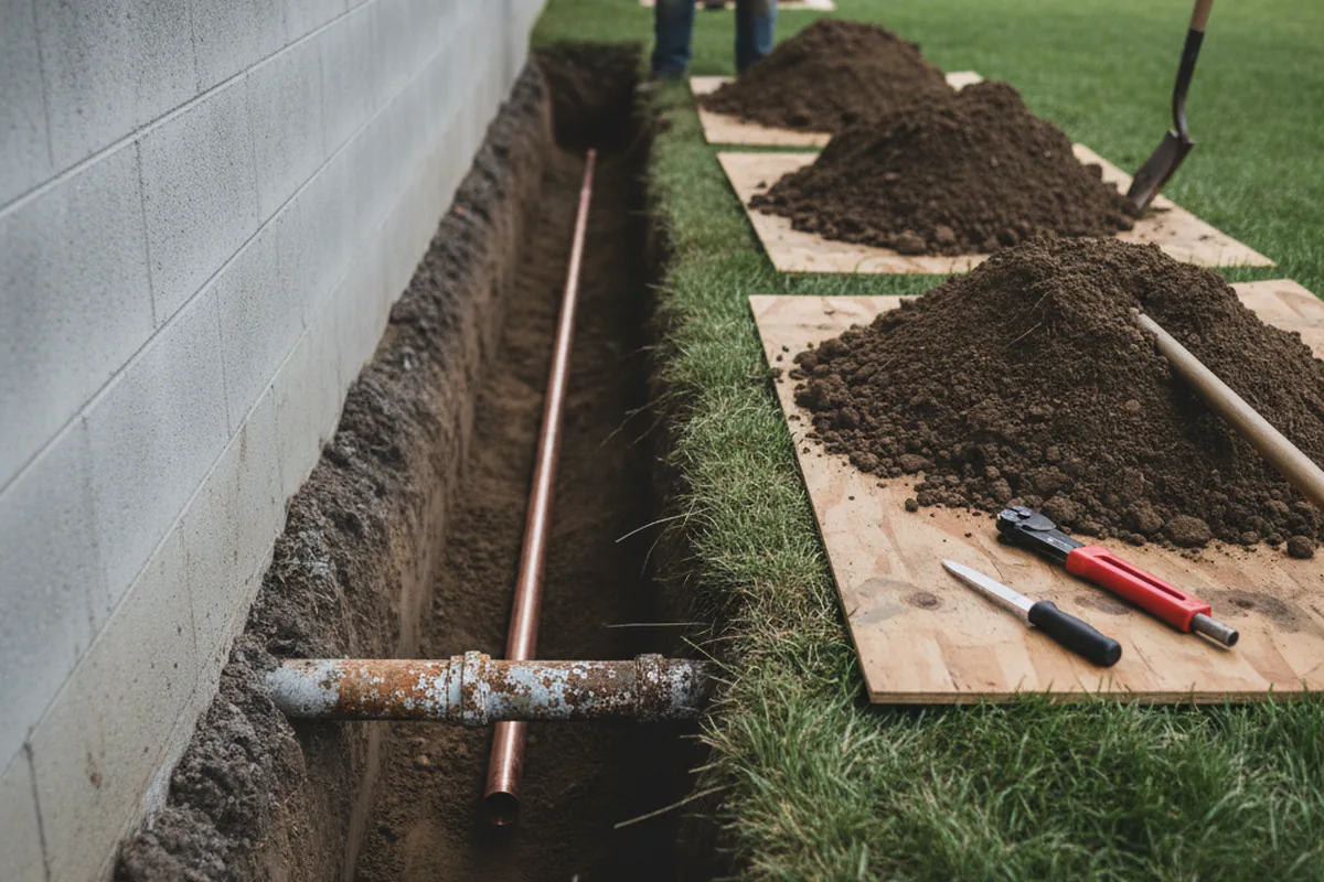 Excavated water line trench during Water Softener Installation in Hollister